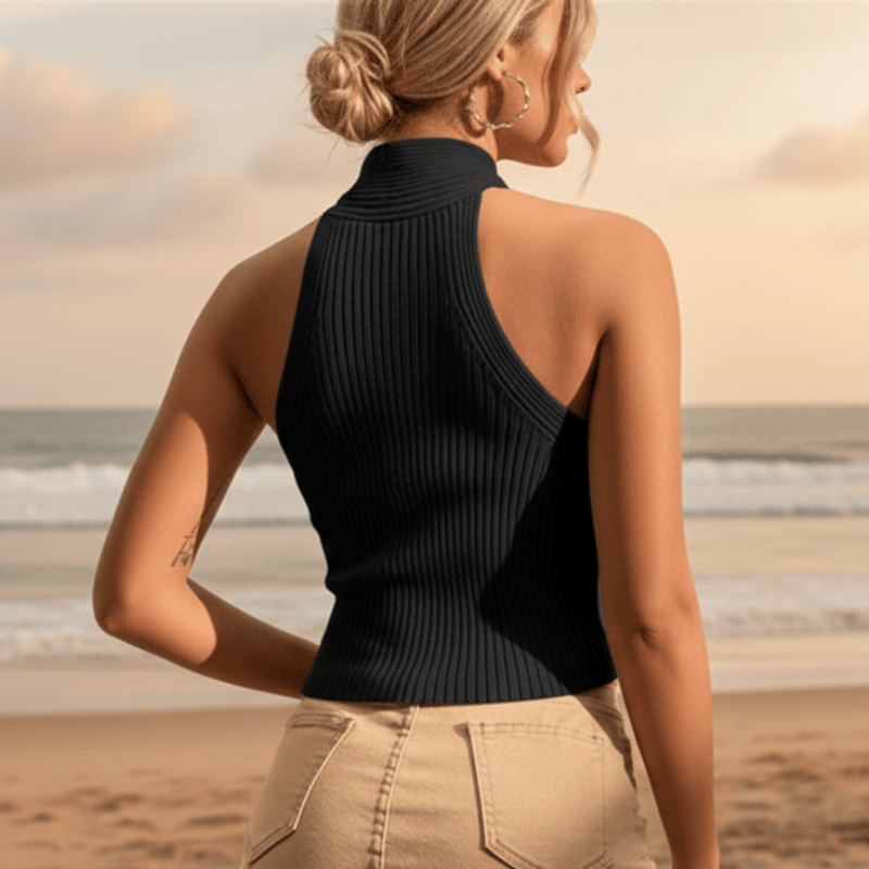 Women's crop top with criss cross halter neck and ribbed texture — vacation