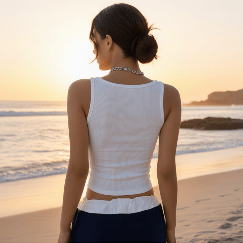 Women's crop top — ribbed knit tank — square neck — beach and vacation