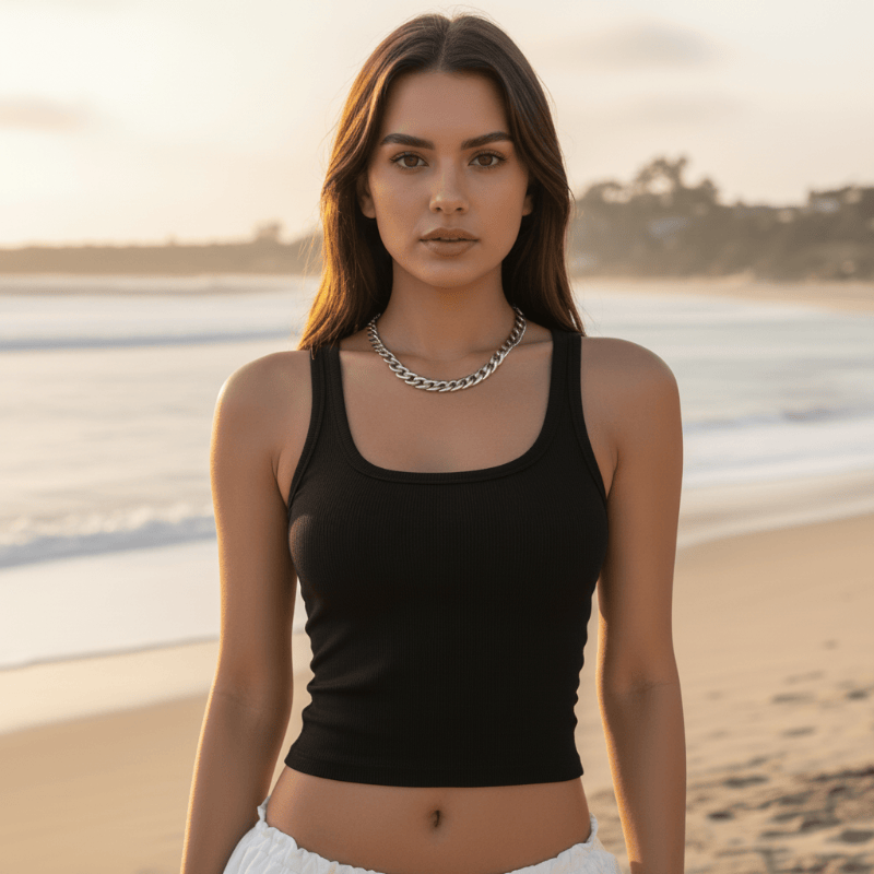 Women's crop top — ribbed knit tank — square neck — beach and vacation