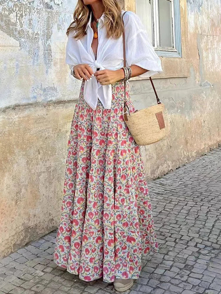 Women's floral maxi skirt — high waisted empire cut — beach holiday