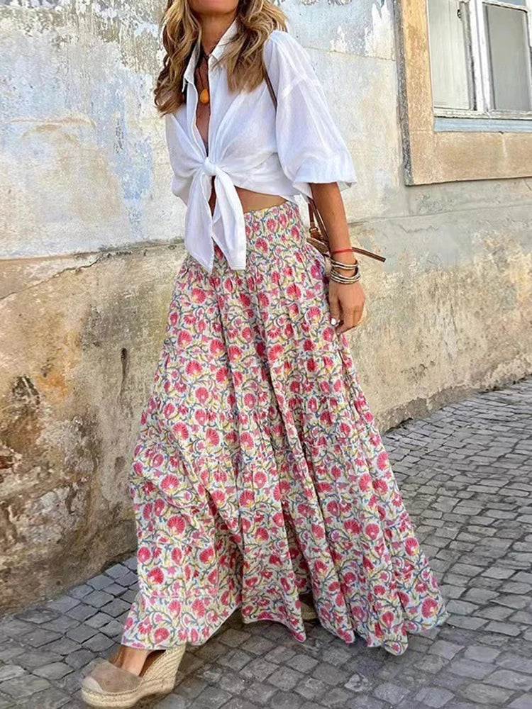 Women's floral maxi skirt — high waisted empire cut — beach holiday