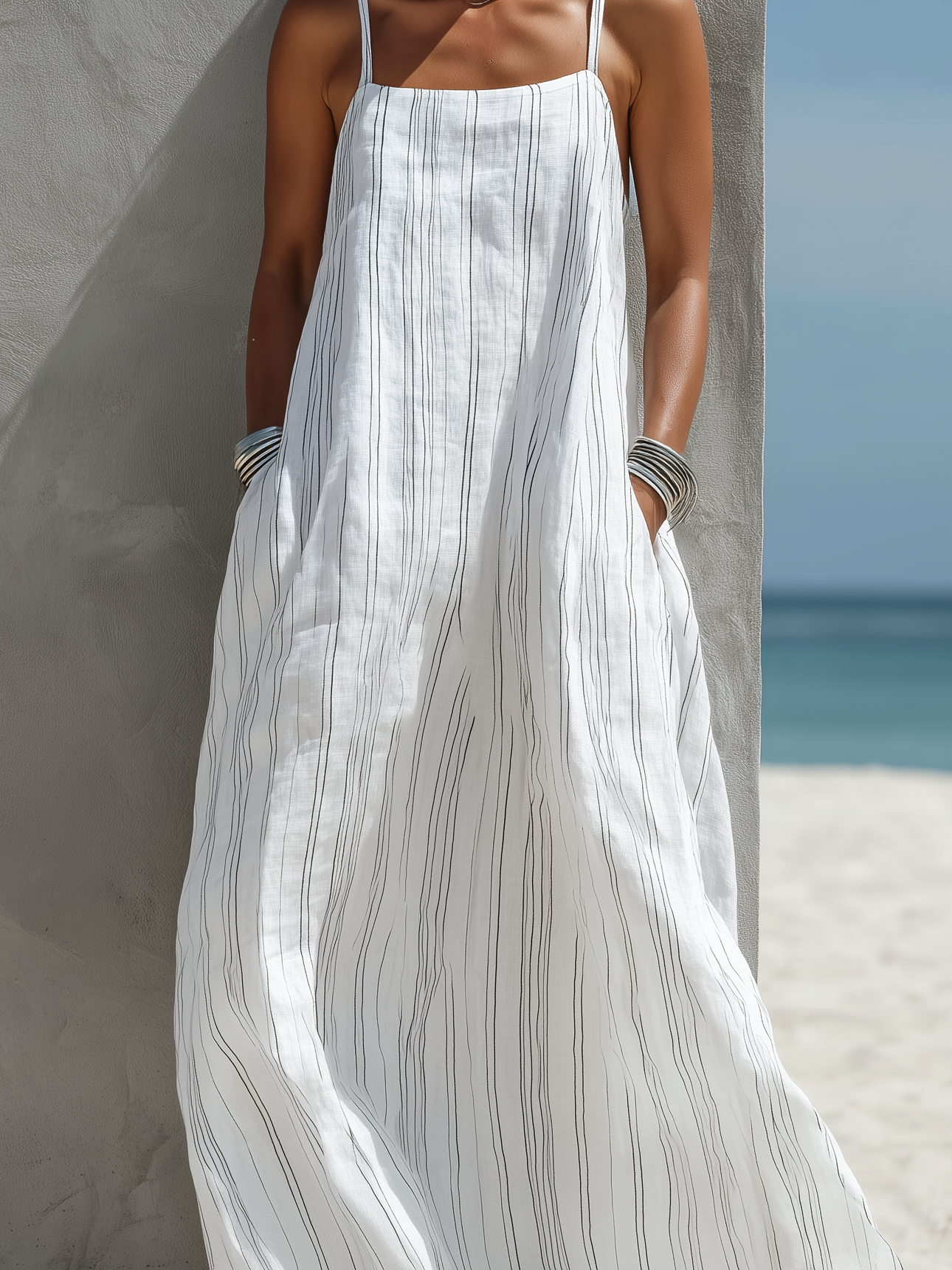 Striped Woven Sleeveless Long Dress