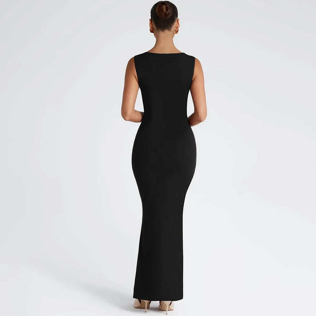 Square Neck Bodycon Maxi Dress with Draped Bodice and Scoop Back Evening Gown