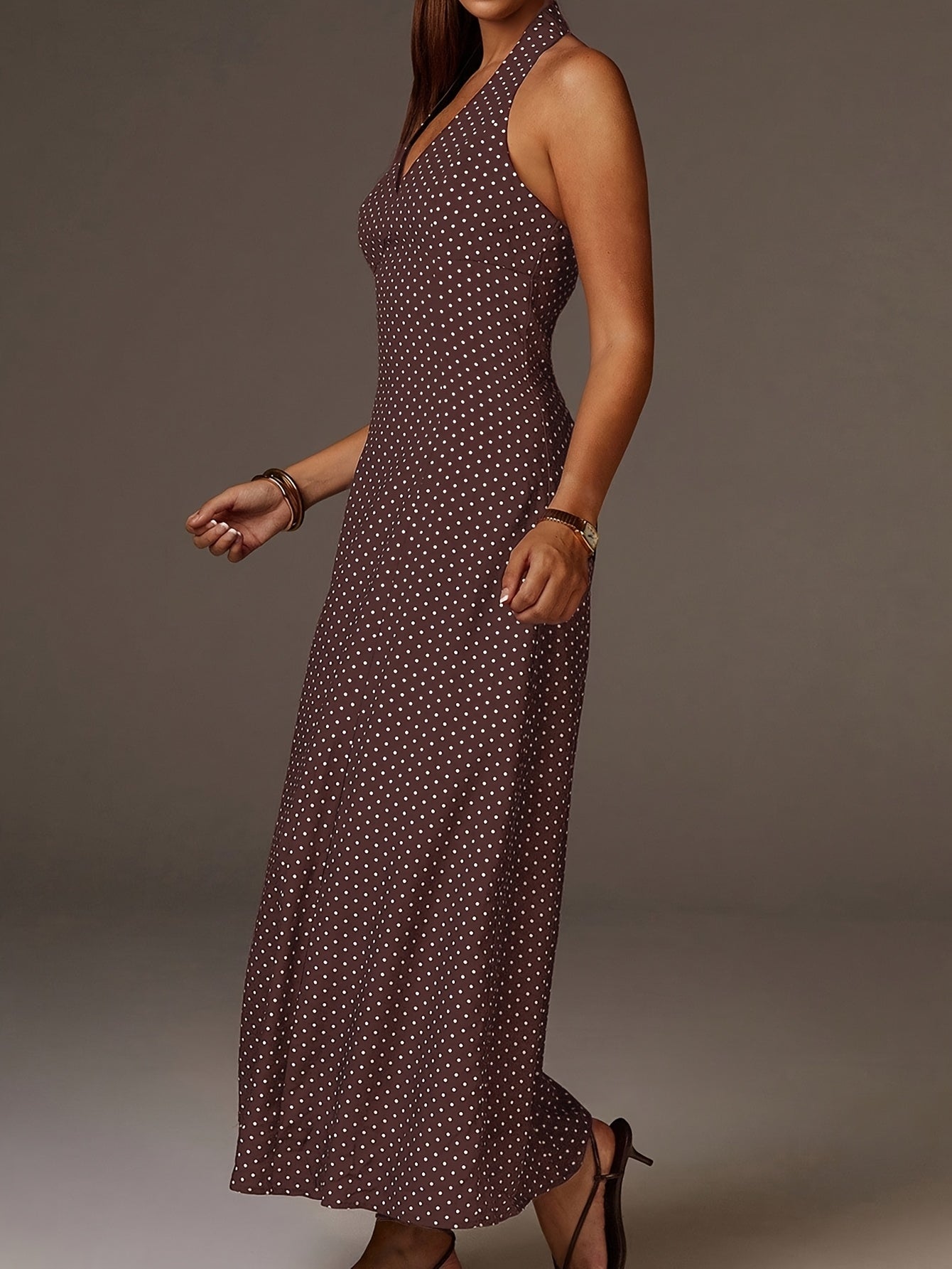 Halter Neck Polka Dot Maxi Dress Deep V Smocked Bodice Sleeveless Holiday Apparel