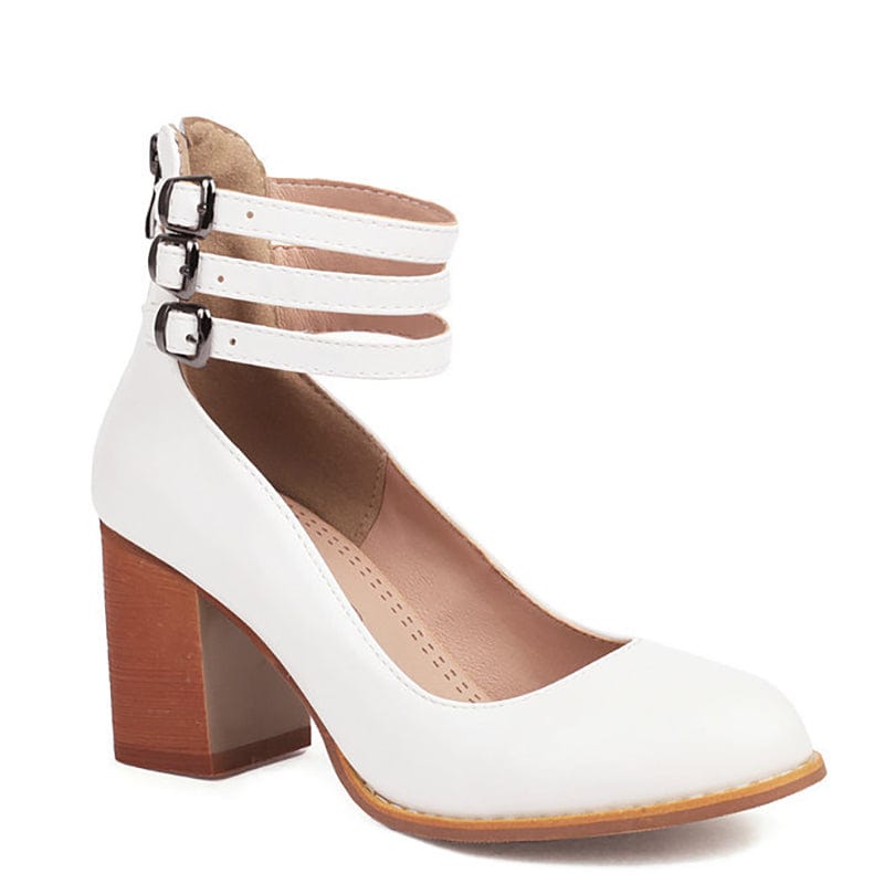 Women’s triple strap block heels — synthetic leather office footwear