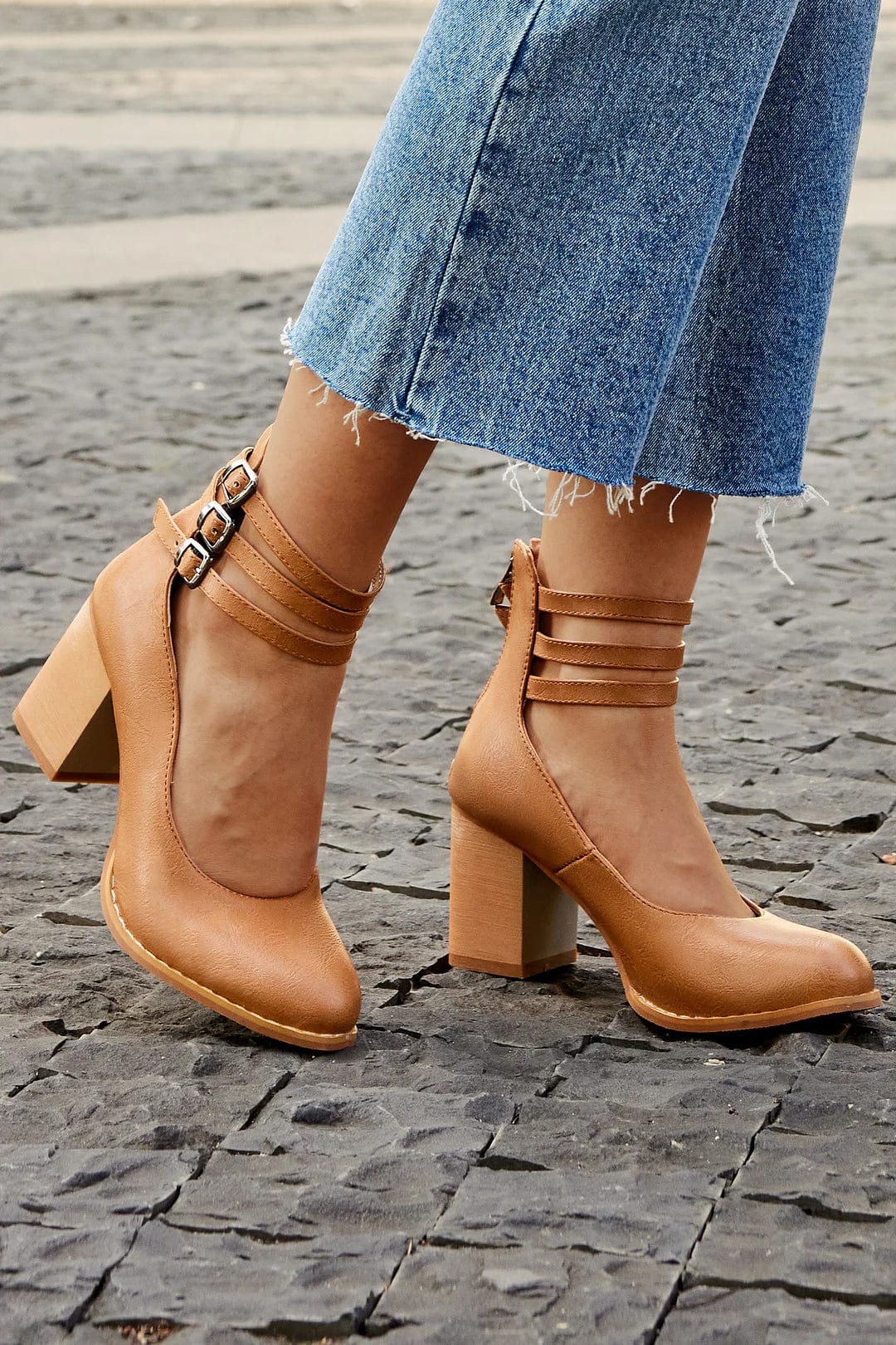 Women’s triple strap block heels — synthetic leather office footwear