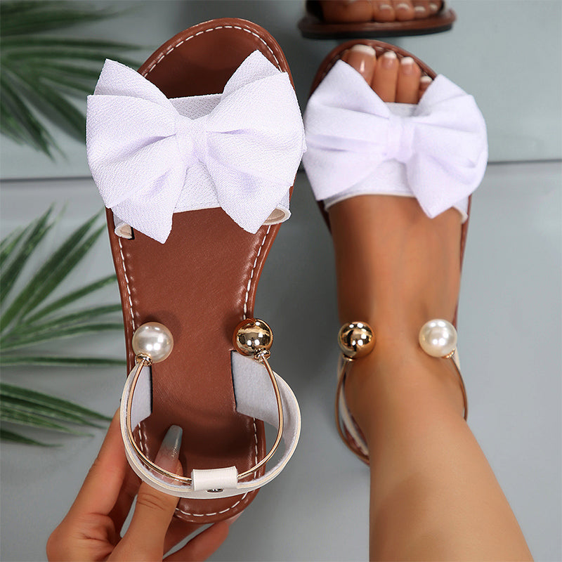 Flat Sandals with Bow and Bead Accents Breathable Sandals