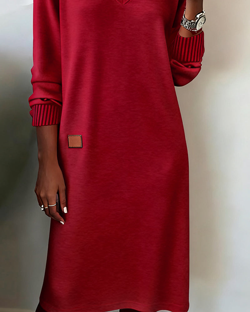 Women's midi dress — long sleeve knit with V-neck | office wear