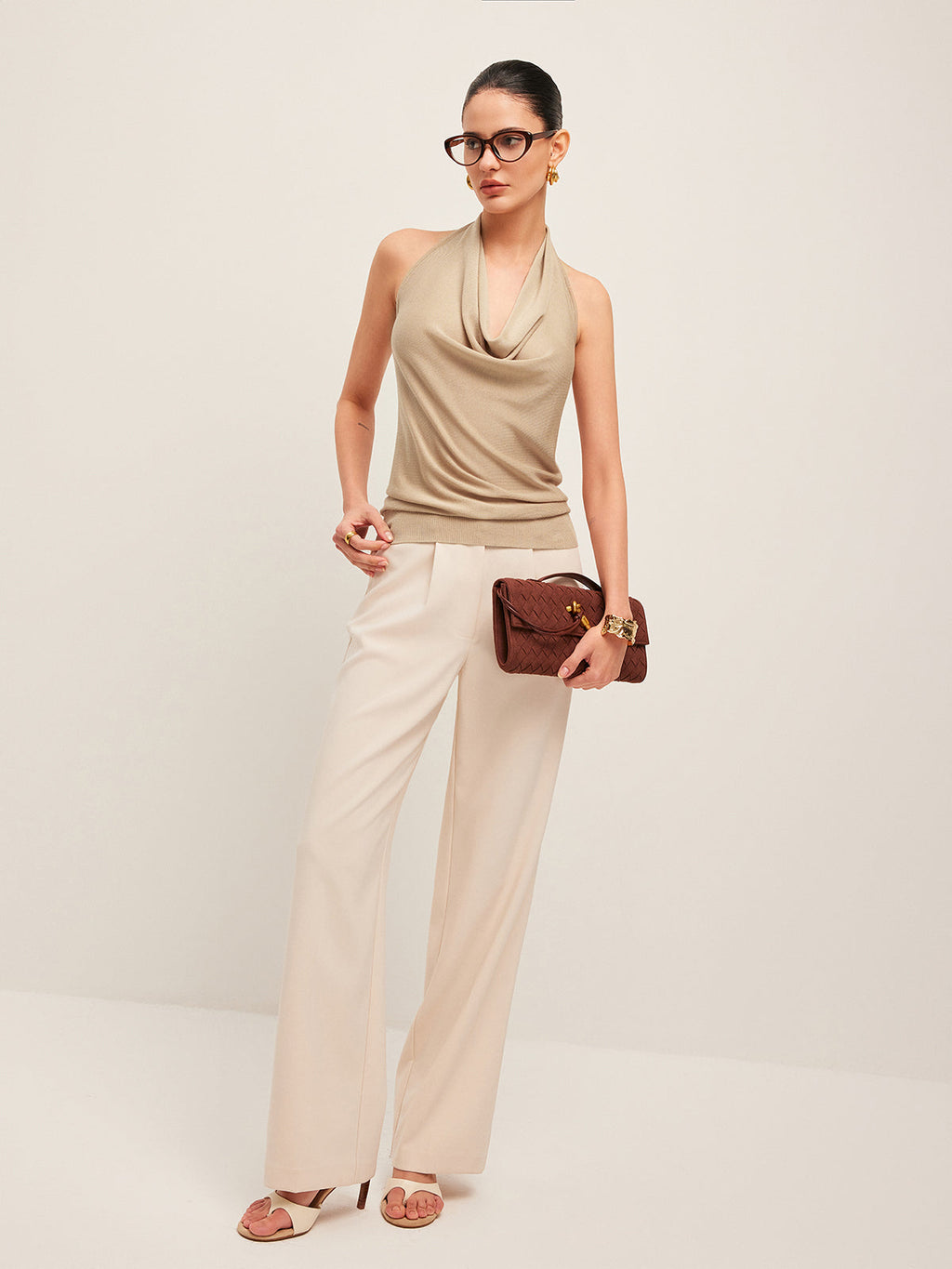Women's cowl neck halter top | sleeveless knit blouse for leisure wear