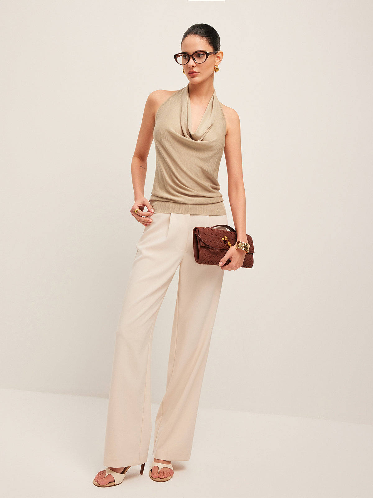 Women's cowl neck halter top | sleeveless knit blouse for leisure wear