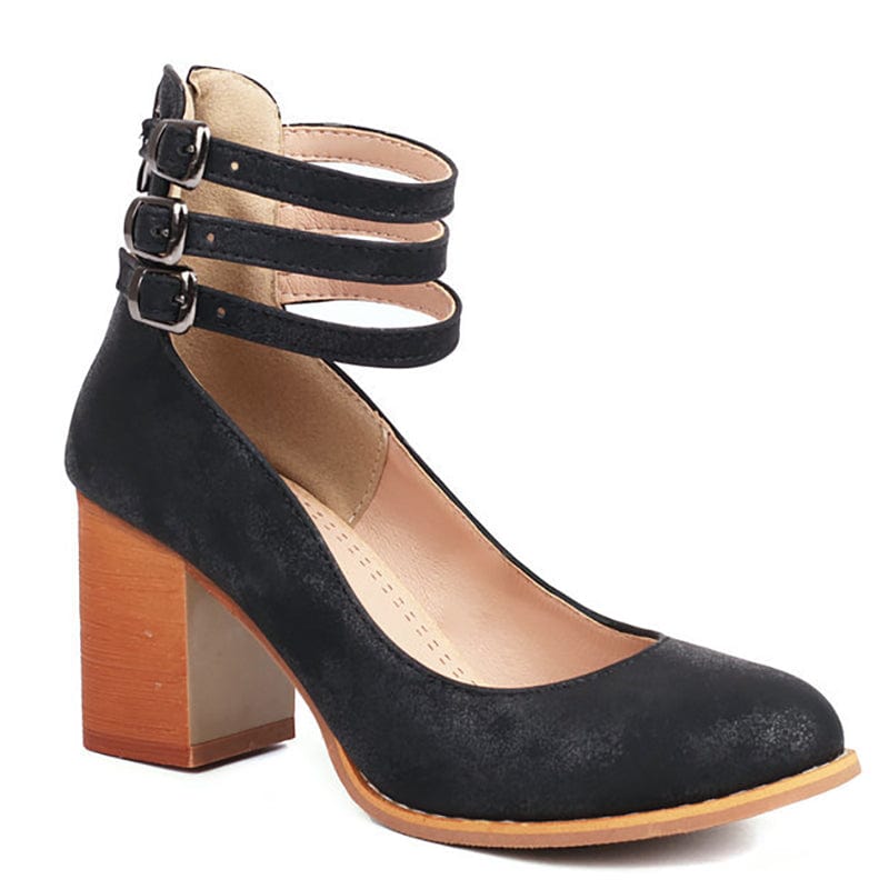 Women’s triple strap block heels — synthetic leather office footwear