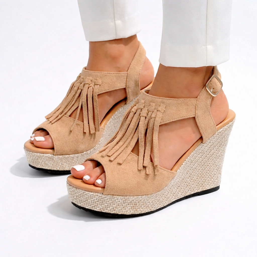 Women's Strappy Wedge Sandals Open Toe Fringe Boho Platform Cushioned Walking Shoes