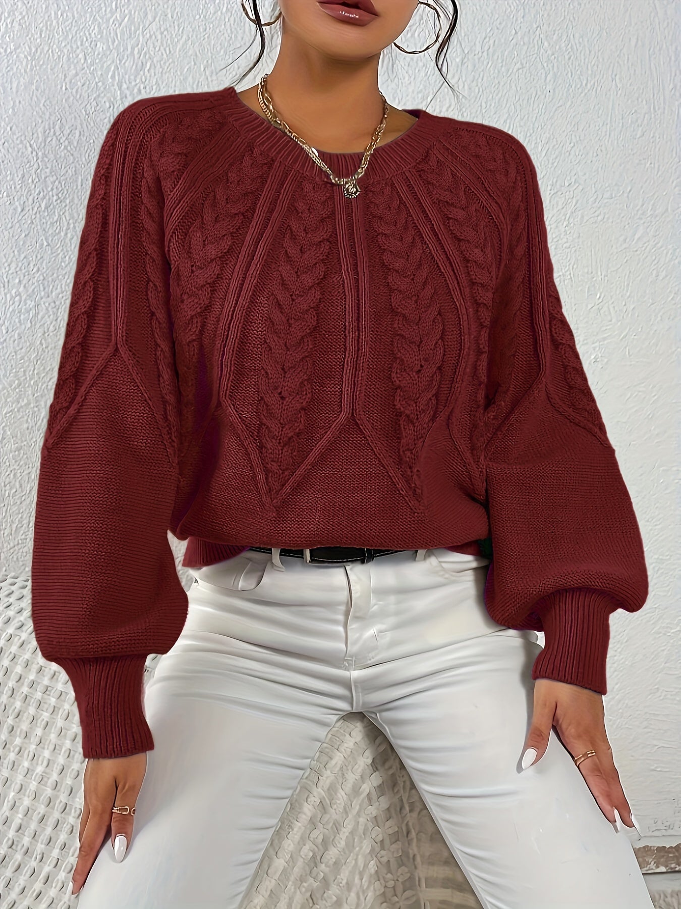 Women's Cable Knit Sweater with Relaxed Fit and Lantern Sleeves for Everyday Wear