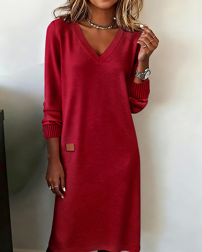 Women's midi dress — long sleeve knit with V-neck | office wear