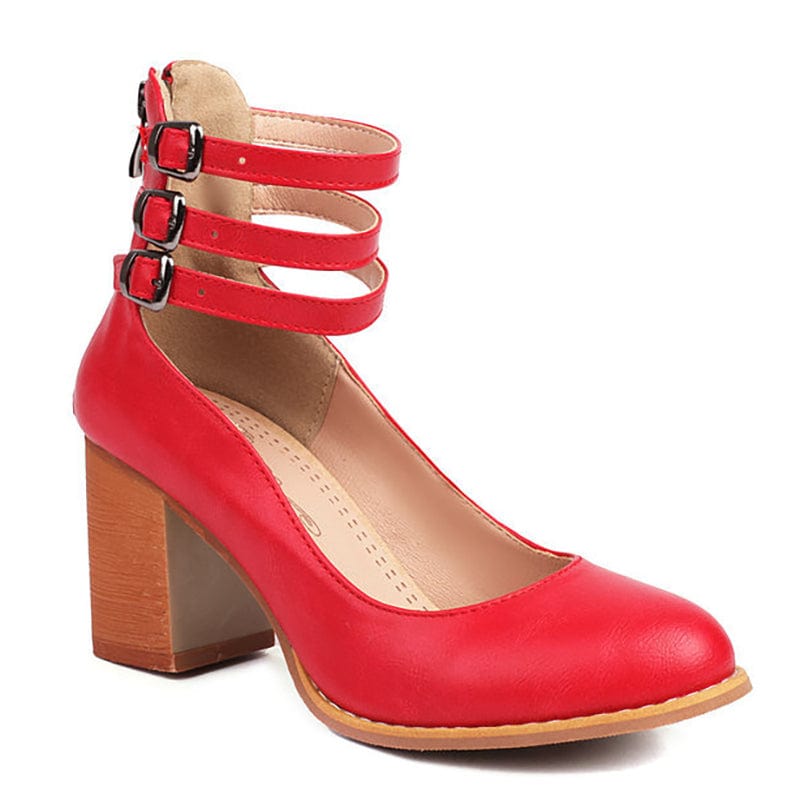 Women’s triple strap block heels — synthetic leather office footwear