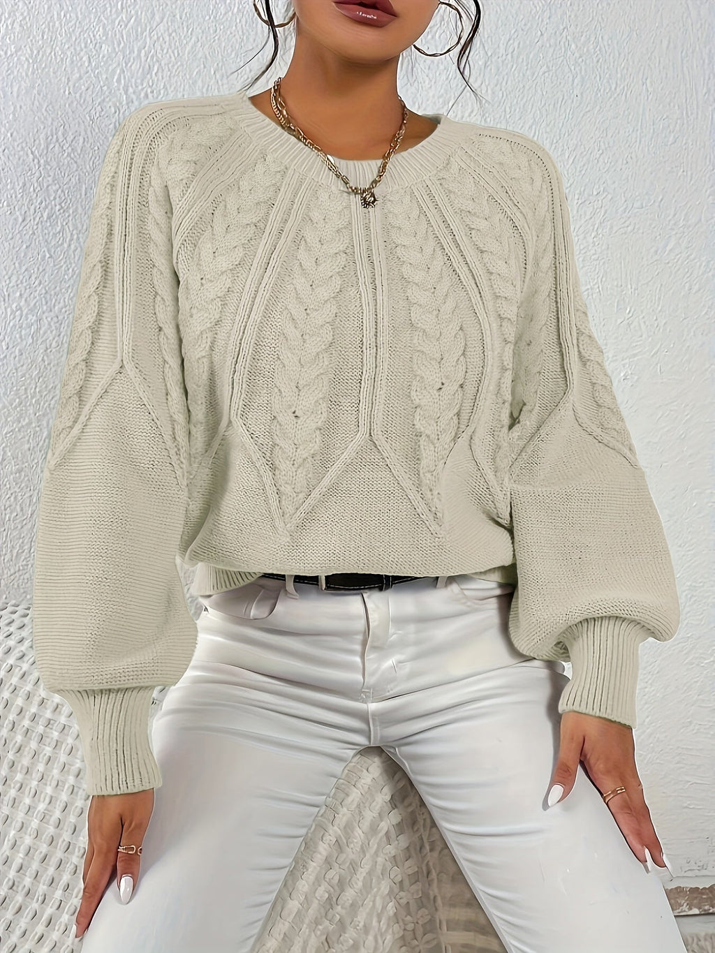 Women's Cable Knit Sweater with Relaxed Fit and Lantern Sleeves for Everyday Wear
