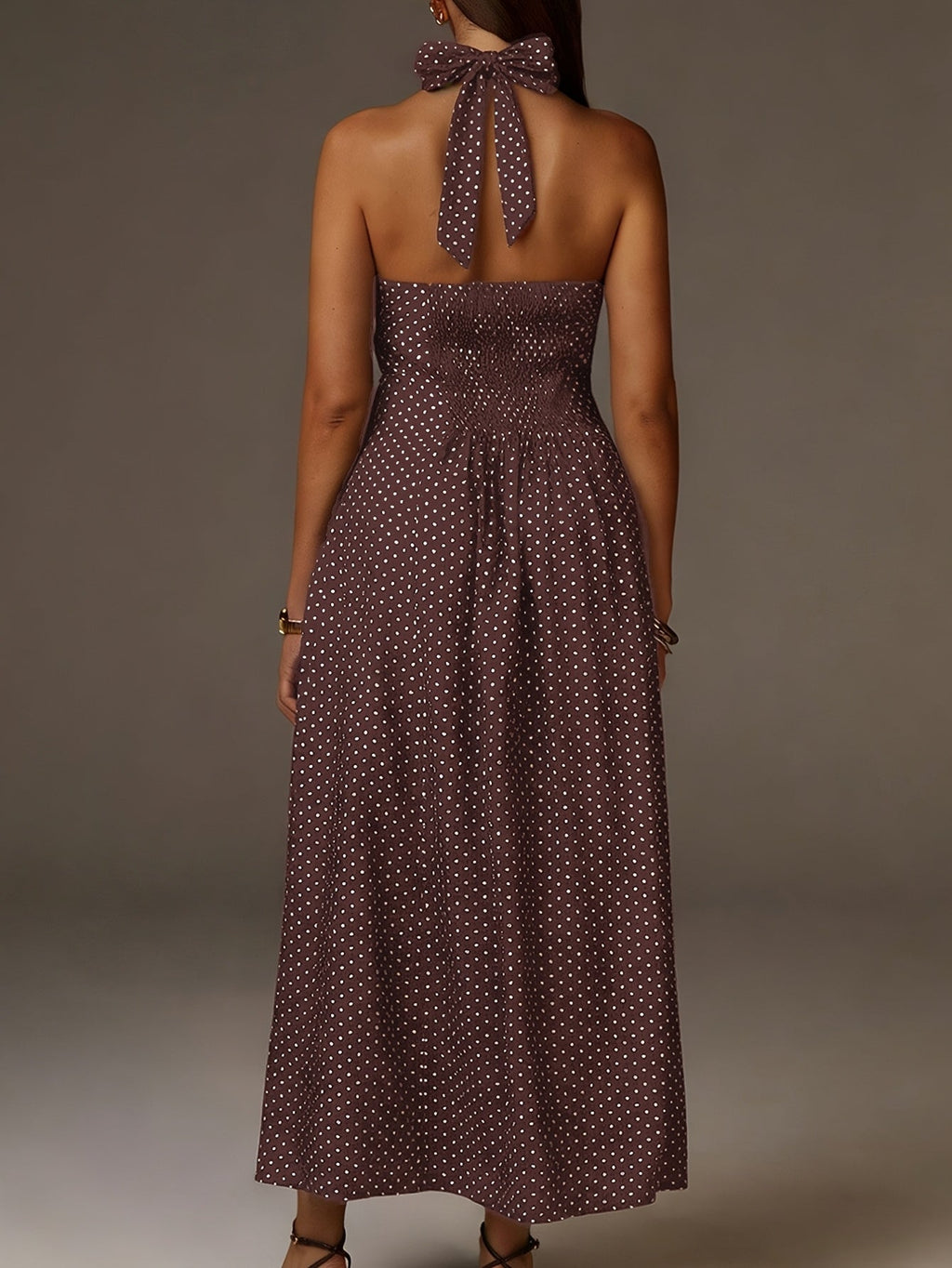 Halter Neck Polka Dot Maxi Dress Deep V Smocked Bodice Sleeveless Holiday Apparel