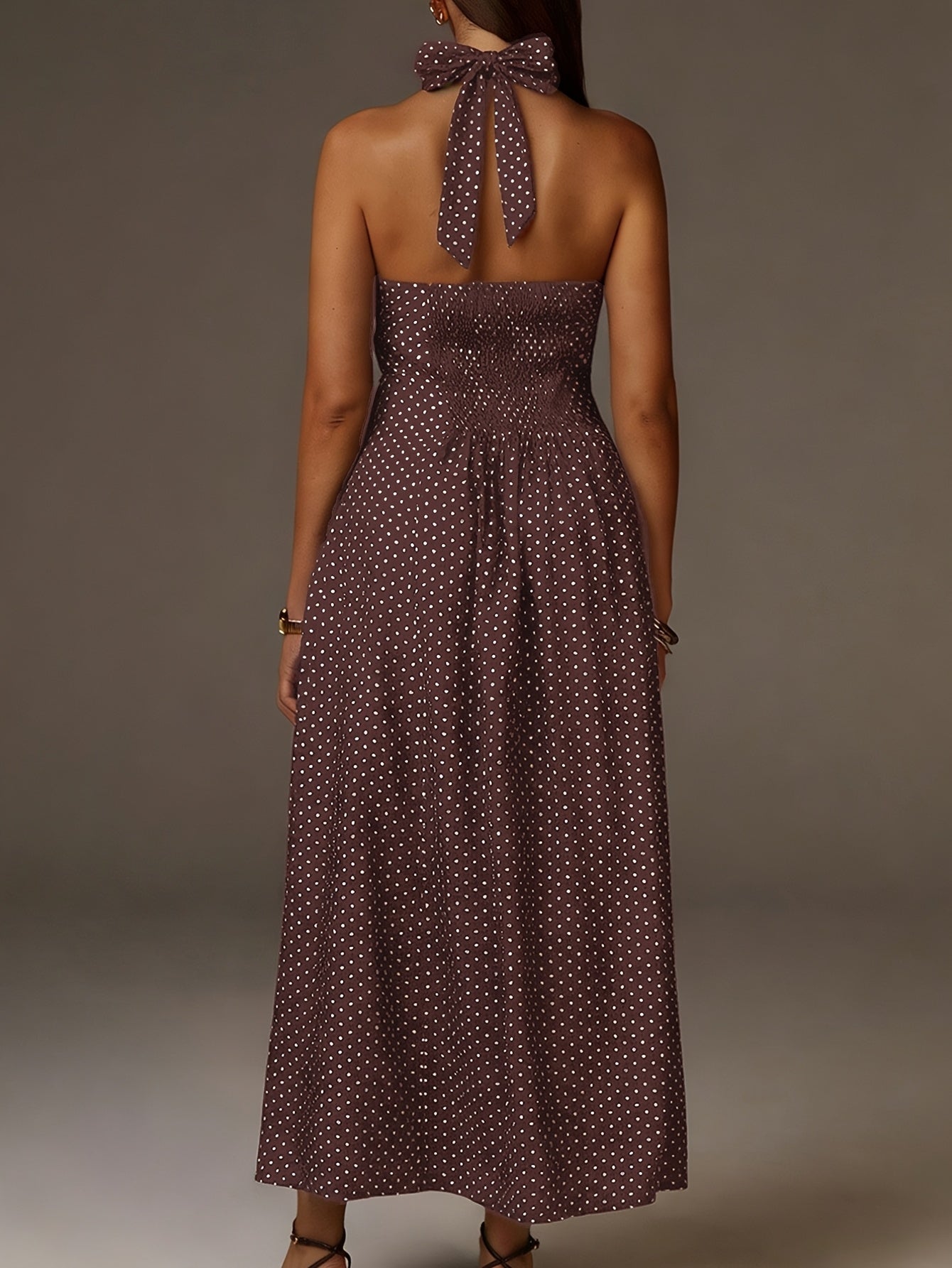 Halter Neck Polka Dot Maxi Dress Deep V Smocked Bodice Sleeveless Holiday Apparel