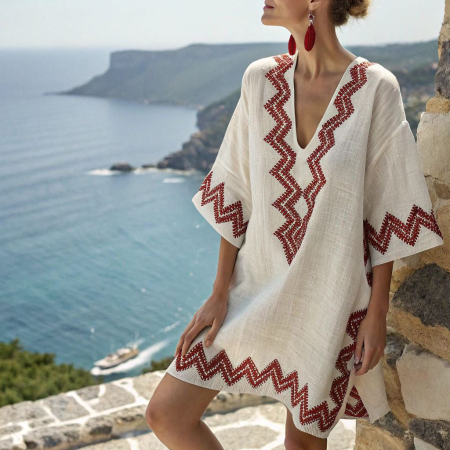 Women's embroidered kimono tunic with v-neck beach style