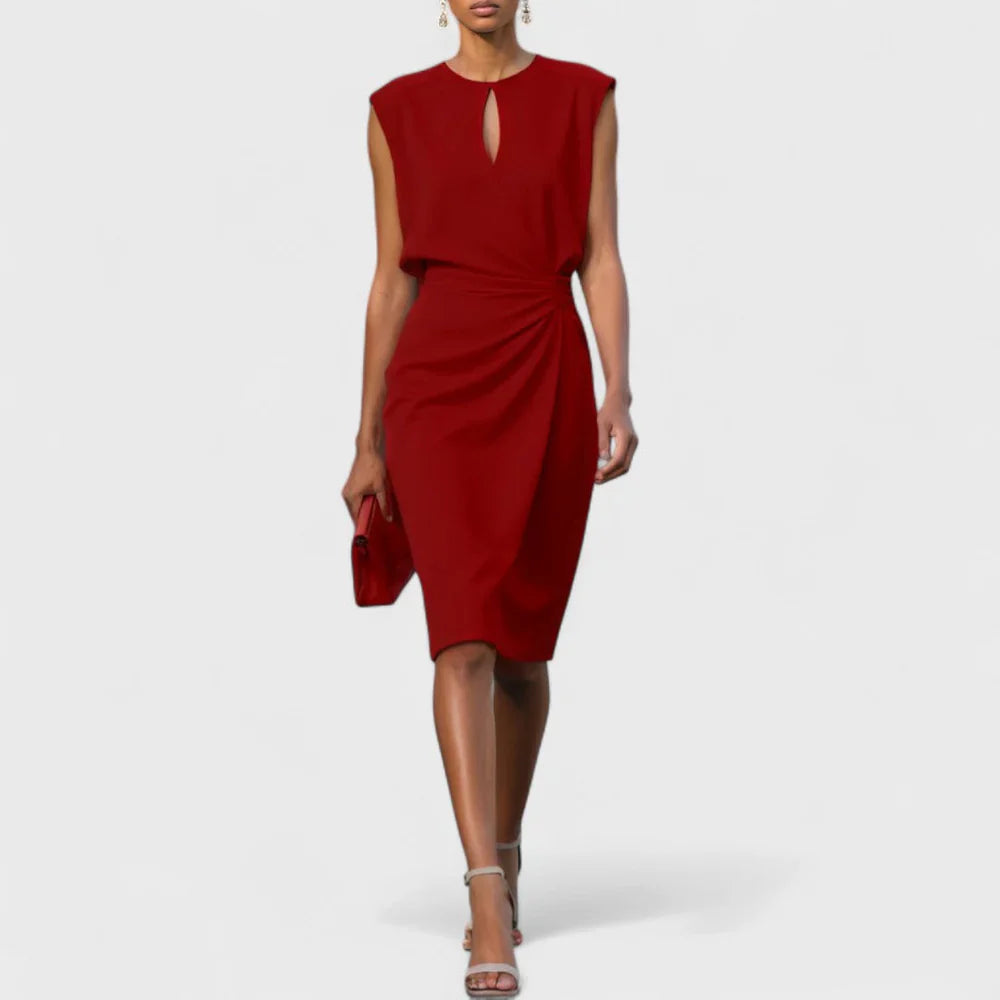 Sleeveless Midi Dress with Ruched Waist and Keyhole Neckline Stretch Cocktail Gown