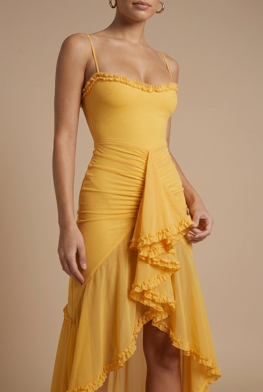 Ruched Spaghetti Strap Maxi Dress Ruffle Trim High-Low Hem Bodycon Evening Dress