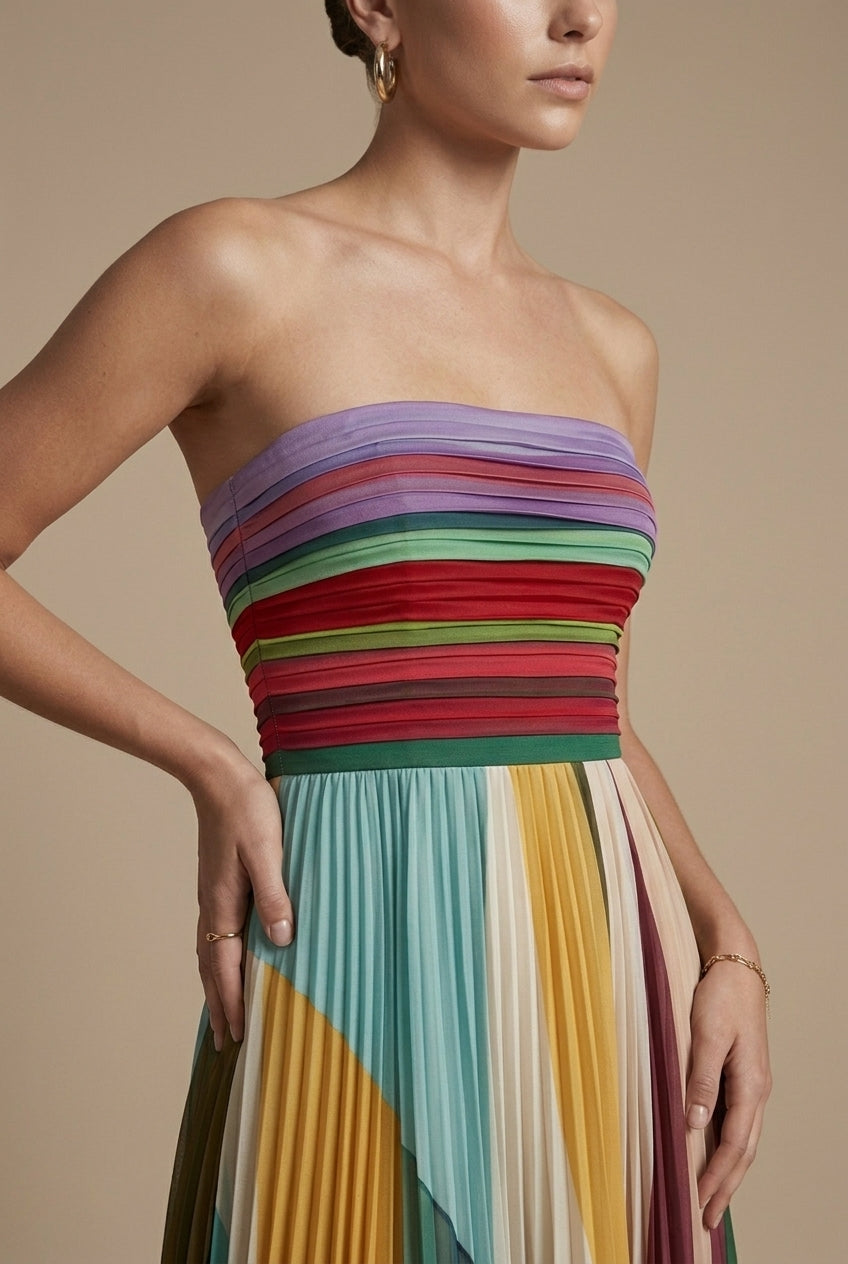 Strapless Striped Pleated Maxi Dress with Smocked Bodice and Asymmetric Hem