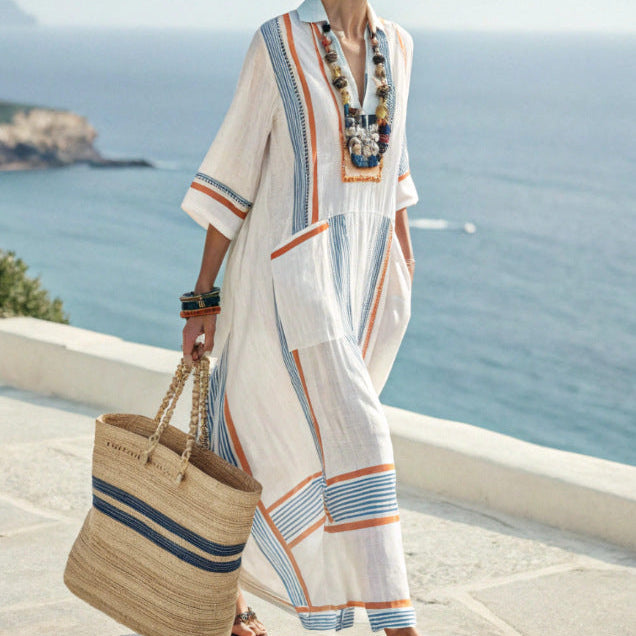 Women's striped kimono maxi dress — beach