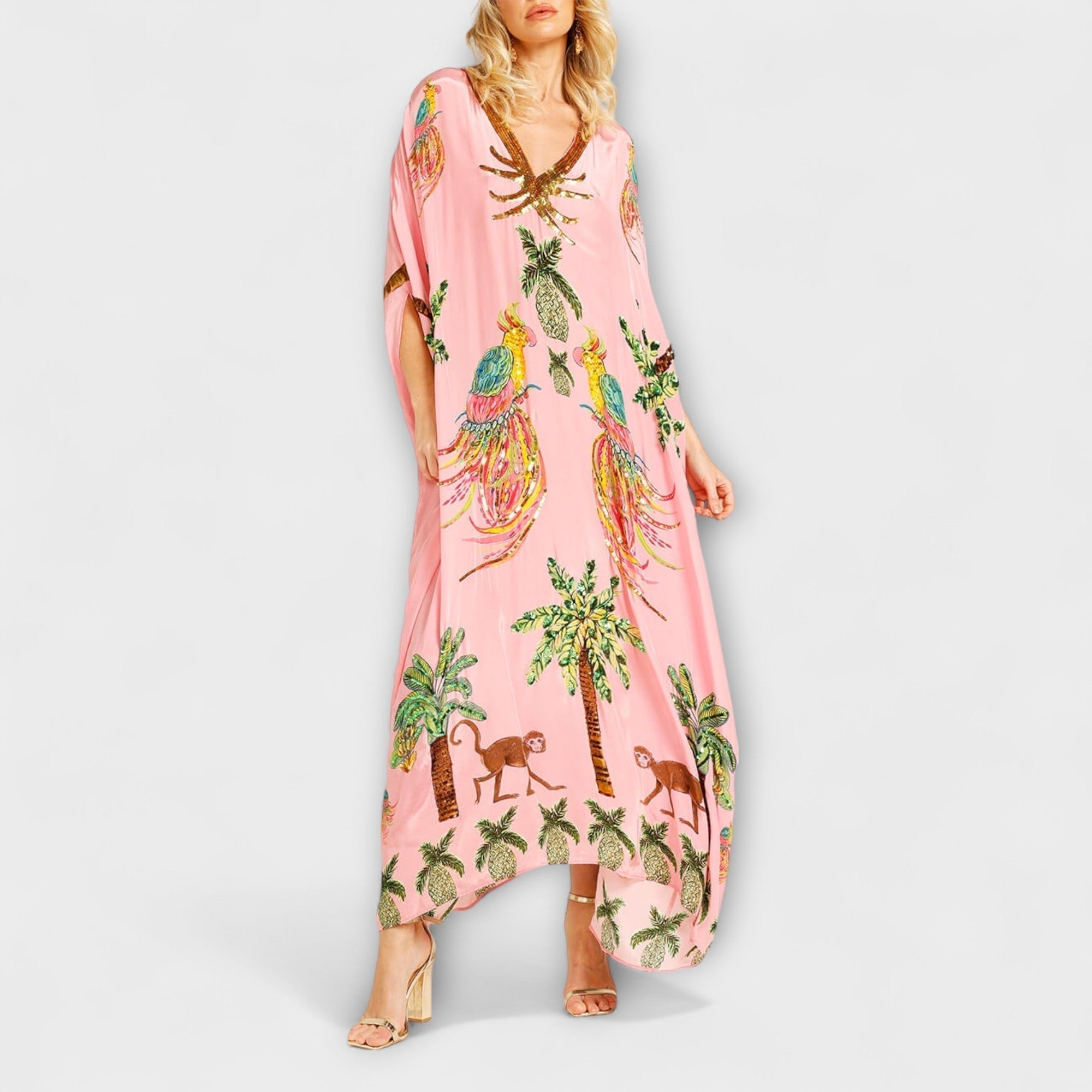 Women’s asymmetrical shoulder tropical print dress — loose fit vacation apparel