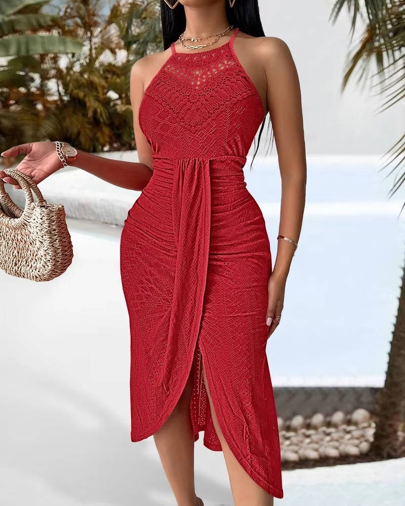 Halter Neck Hollow Out Maxi Dress Sleeveless A-Line Wedding Guest Gown with Slit