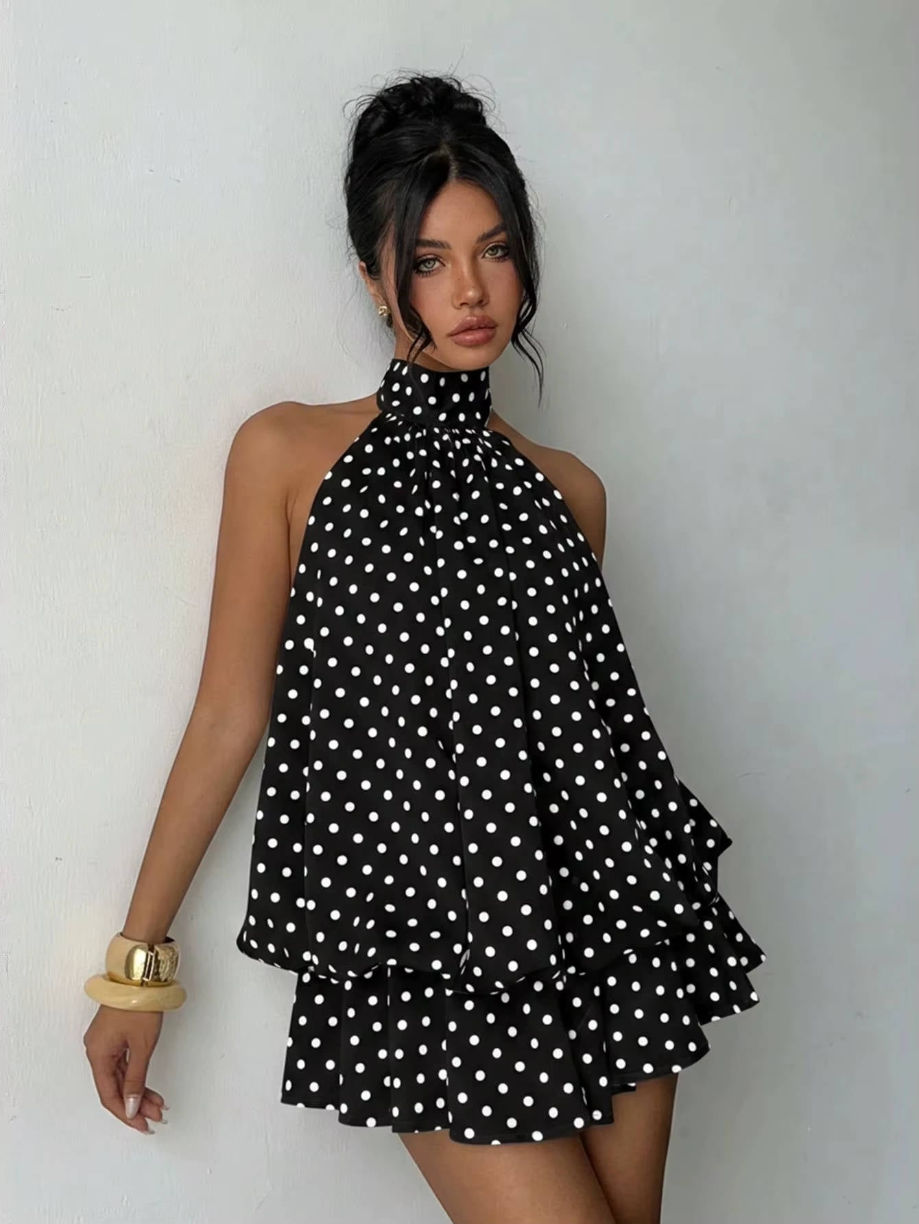 Sleeveless Chiffon Halter Mini Dress with Layered Ruffle Hem and Open Back