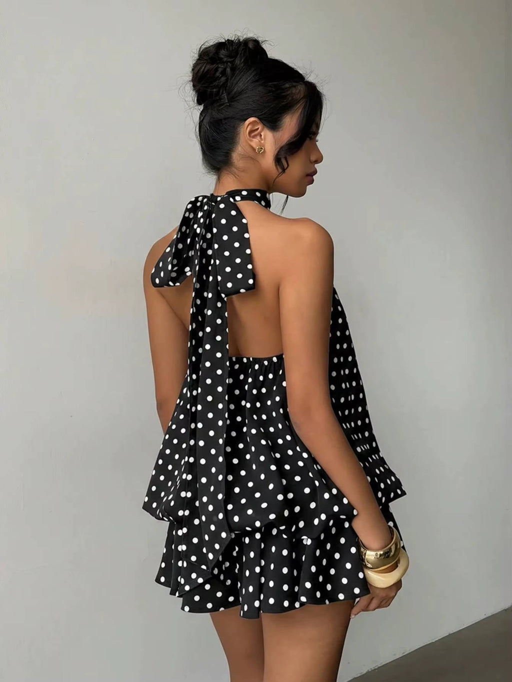 Sleeveless Chiffon Halter Mini Dress with Layered Ruffle Hem and Open Back