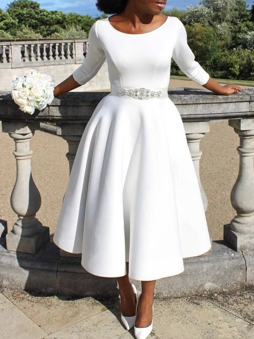 A-Line Midi Wedding Guest Dress Three Quarter Sleeve Round Neck Formal Flare Apparel