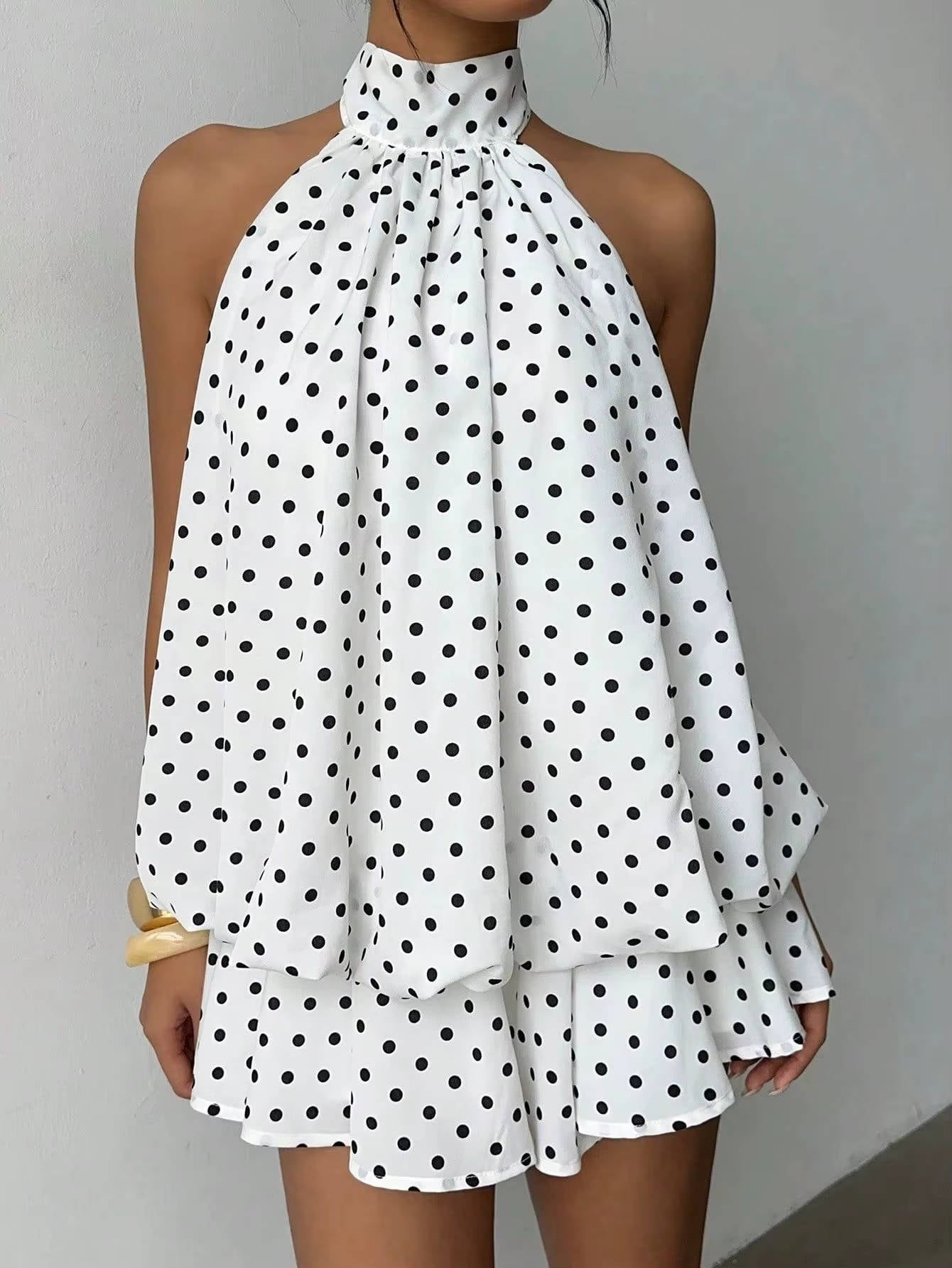 Sleeveless Chiffon Halter Mini Dress with Layered Ruffle Hem and Open Back