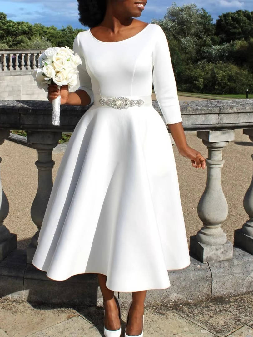 A-Line Midi Wedding Guest Dress Three Quarter Sleeve Round Neck Formal Flare Apparel