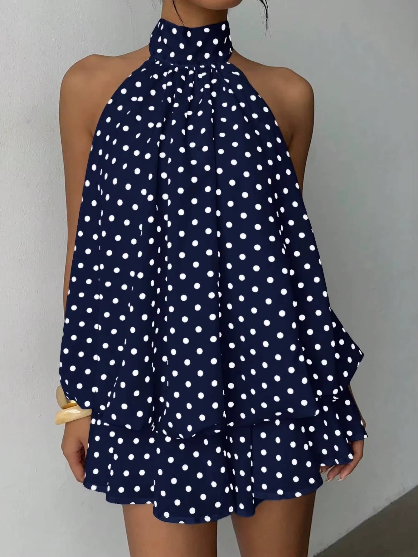 Sleeveless Chiffon Halter Mini Dress with Layered Ruffle Hem and Open Back