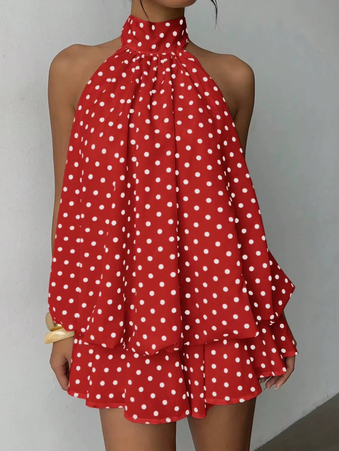 Sleeveless Chiffon Halter Mini Dress with Layered Ruffle Hem and Open Back