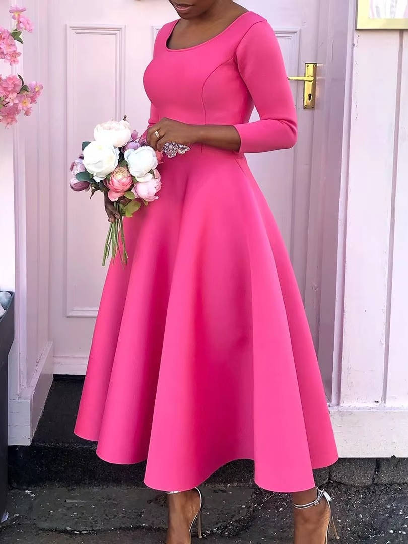 A-Line Midi Wedding Guest Dress Three Quarter Sleeve Round Neck Formal Flare Apparel
