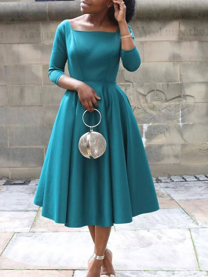 A-Line Midi Wedding Guest Dress Three Quarter Sleeve Round Neck Formal Flare Apparel