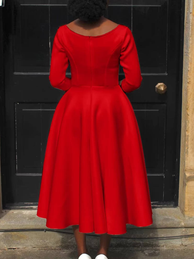 A-Line Midi Wedding Guest Dress Three Quarter Sleeve Round Neck Formal Flare Apparel