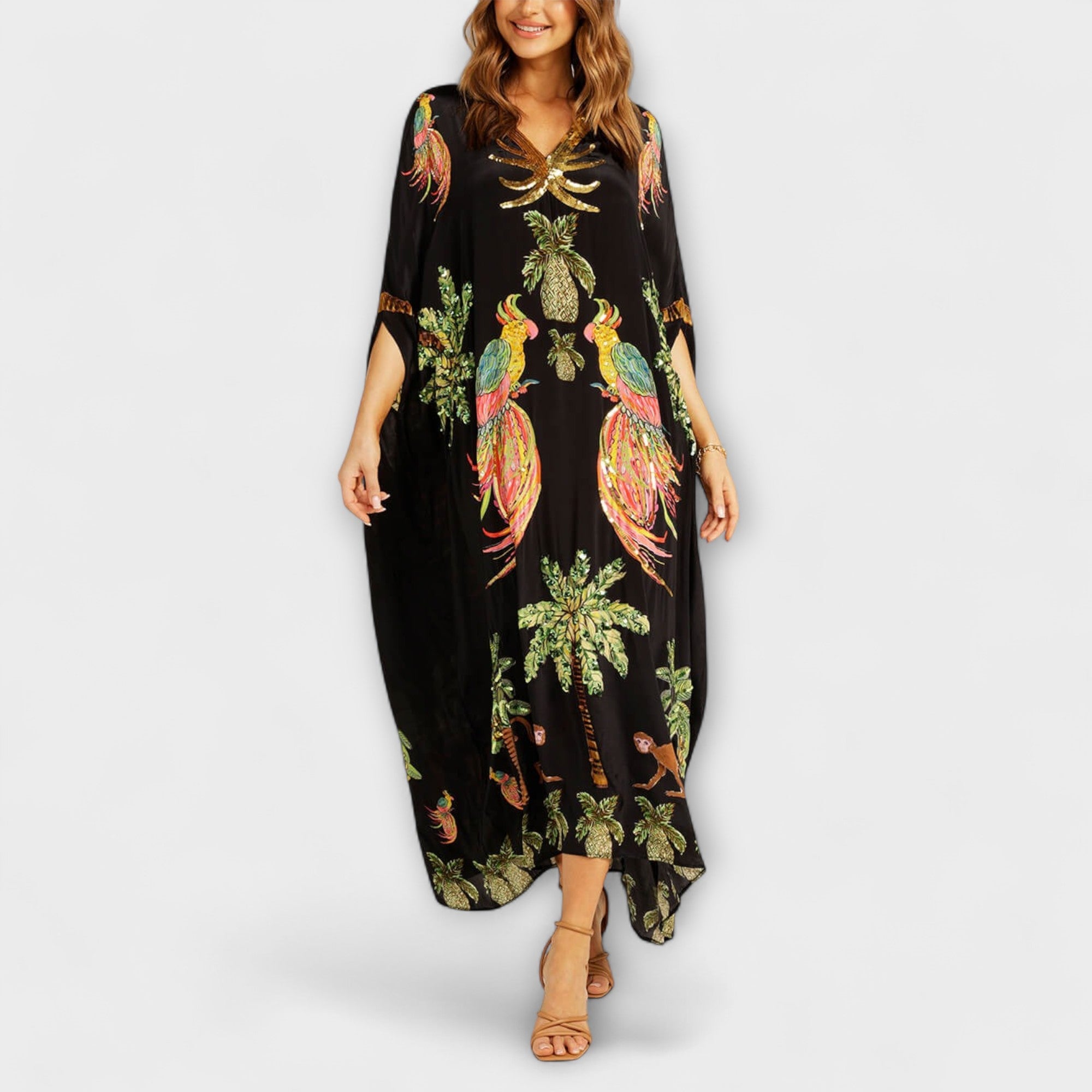 Women’s asymmetrical shoulder tropical print dress — loose fit vacation apparel
