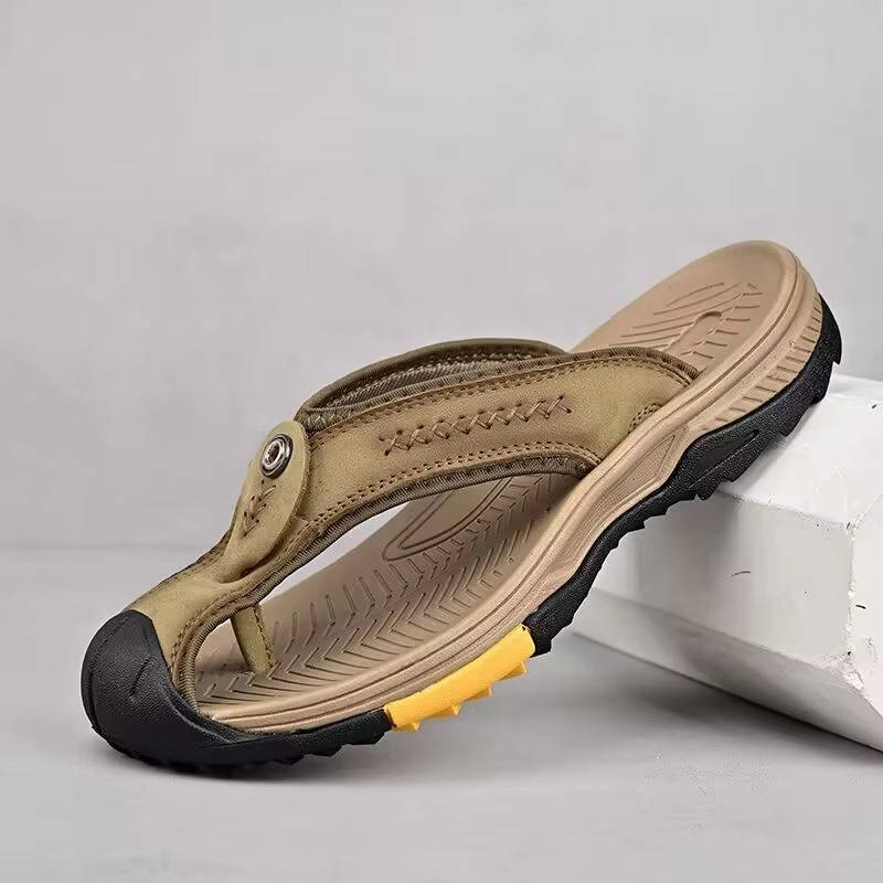Men's Flip Flops Closed Toe Water Resistant Leather Sandals Non Slip Rubber Sole