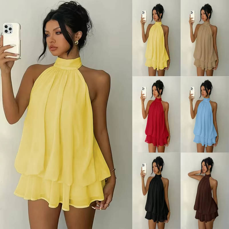 Sleeveless Chiffon Halter Mini Dress with Layered Ruffle Hem and Open Back