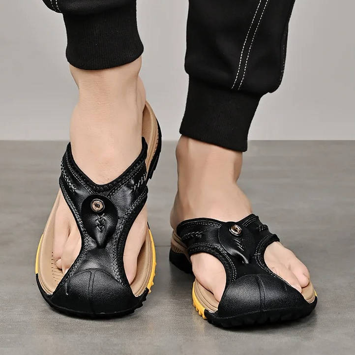 Men's Flip Flops Closed Toe Water Resistant Leather Sandals Non Slip Rubber Sole