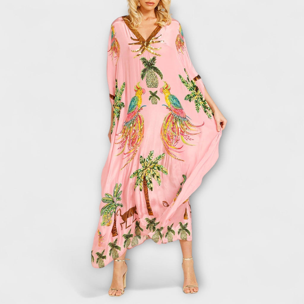 Women’s asymmetrical shoulder tropical print dress — loose fit vacation apparel