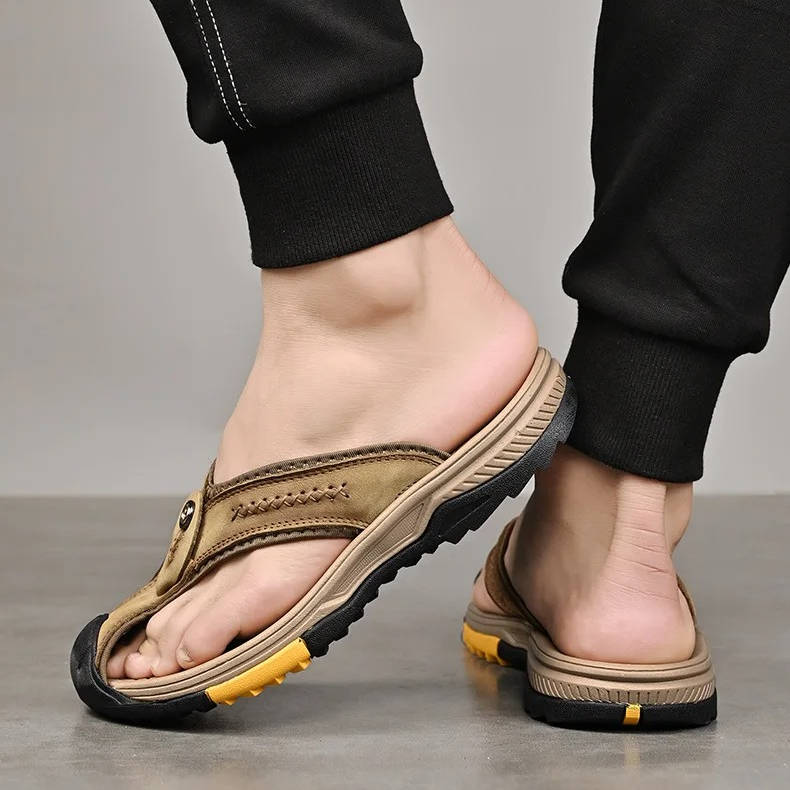 Men's Flip Flops Closed Toe Water Resistant Leather Sandals Non Slip Rubber Sole