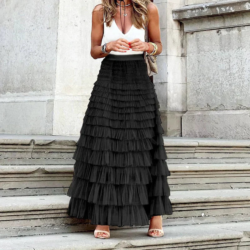 Women's tiered tulle maxi skirt with ruffled layers — evening