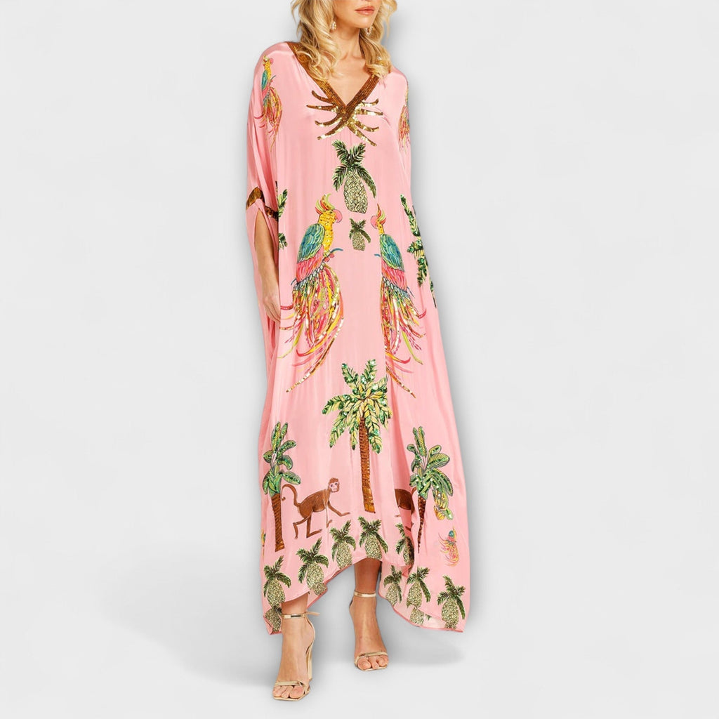 Women’s asymmetrical shoulder tropical print dress — loose fit vacation apparel