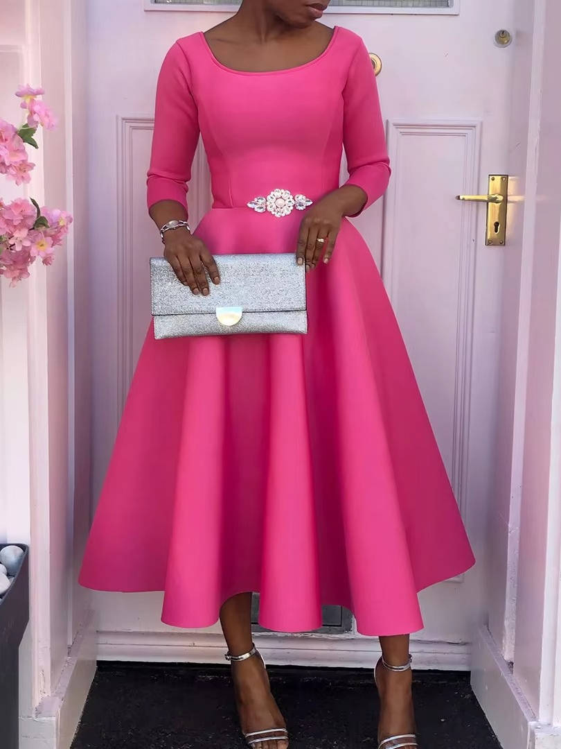 A-Line Midi Wedding Guest Dress Three Quarter Sleeve Round Neck Formal Flare Apparel