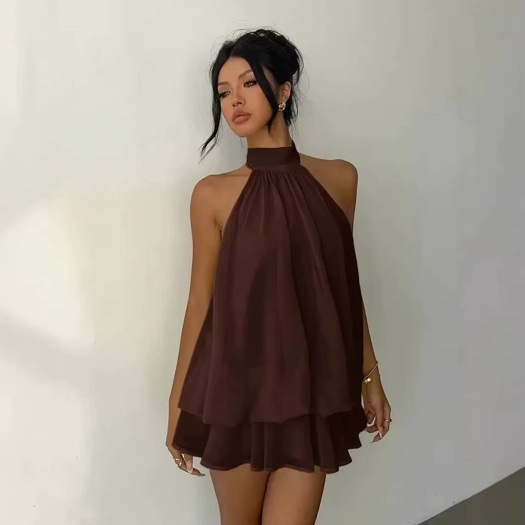 Sleeveless Chiffon Halter Mini Dress with Layered Ruffle Hem and Open Back
