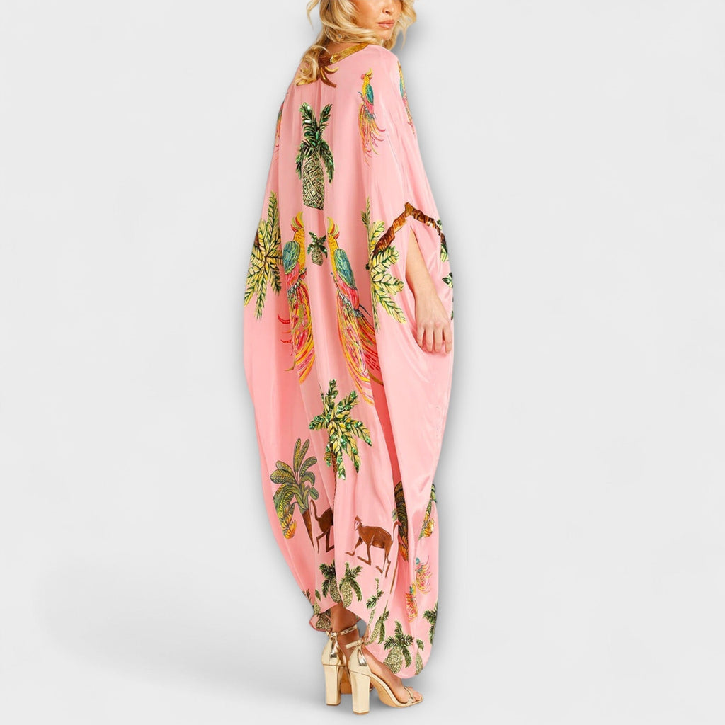 Women’s asymmetrical shoulder tropical print dress — loose fit vacation apparel